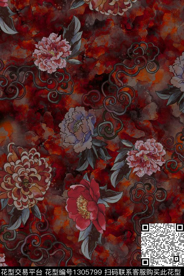 香云纱手绘花卉花卉底纹数码印花华亿平台下载（图片编号: 1305799） - 瓦栏（Walan）