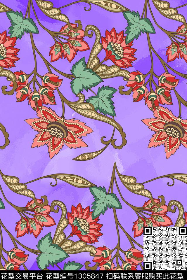 水彩印度复古数码印花华亿平台下载（图片编号: 1305847） - 瓦栏（Walan）