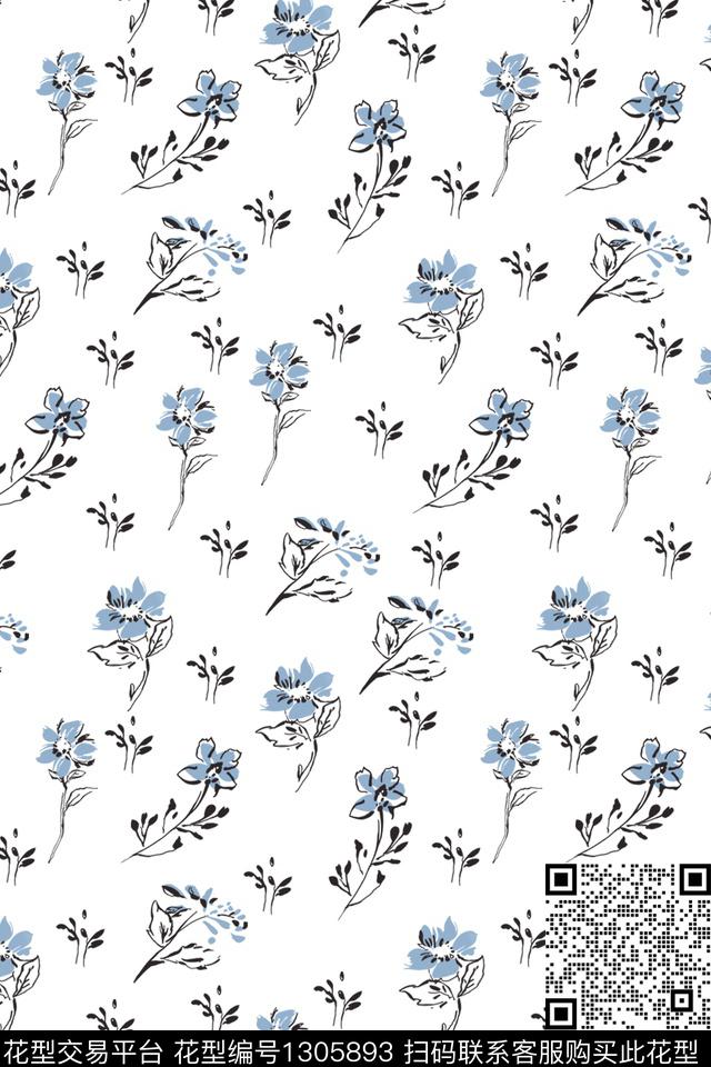 蓝色花卉小清新传统印花华亿平台下载（图片编号: 1305893） - 瓦栏（Walan）