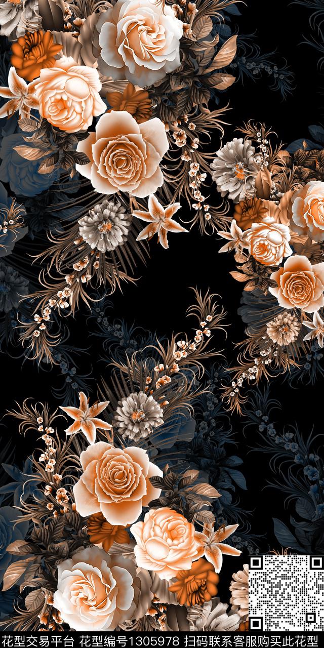 花卉大牌风手绘数码印花华亿平台下载（图片编号: 1305978） - 瓦栏（Walan）