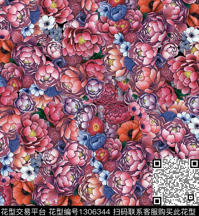 满版散花牡丹数码印花华亿平台下载（图片编号: 1306344） - 瓦栏（Walan）
