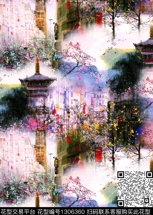 水彩建筑写意数码印花华亿平台下载（图片编号: 1306360） - 瓦栏（Walan）