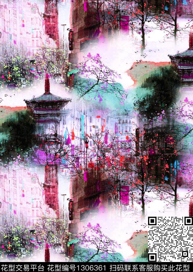 水彩建筑写意数码印花华亿平台下载（图片编号: 1306361） - 瓦栏（Walan）