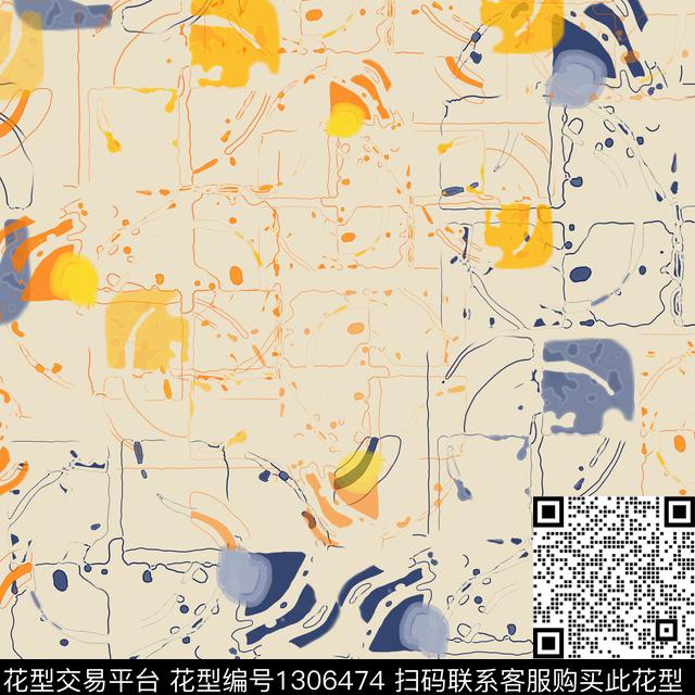 抽象手绘线条笔触格子混搭数码印花华亿平台下载（图片编号: 1306474） - 瓦栏（Walan）
