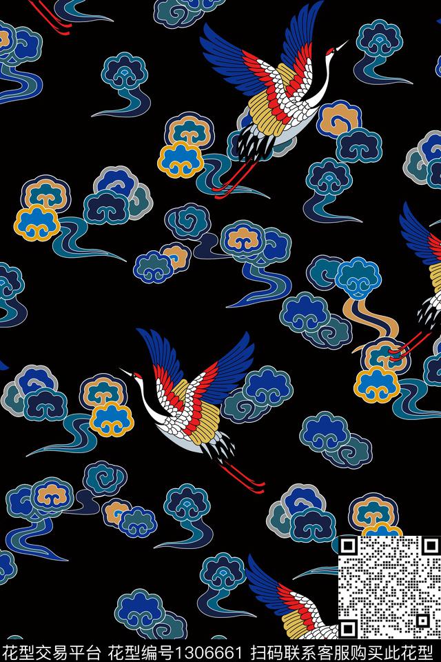 祥云仙鹤大牌风传统印花华亿平台下载（图片编号: 1306661） - 瓦栏（Walan）