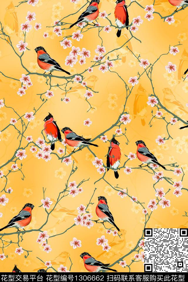 鸟桃花中国风数码印花华亿平台下载（图片编号: 1306662） - 瓦栏（Walan）