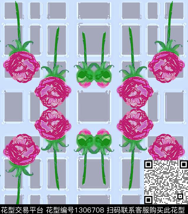 格子花卉混合拼接数码印花华亿平台下载（图片编号: 1306708） - 瓦栏（Walan）