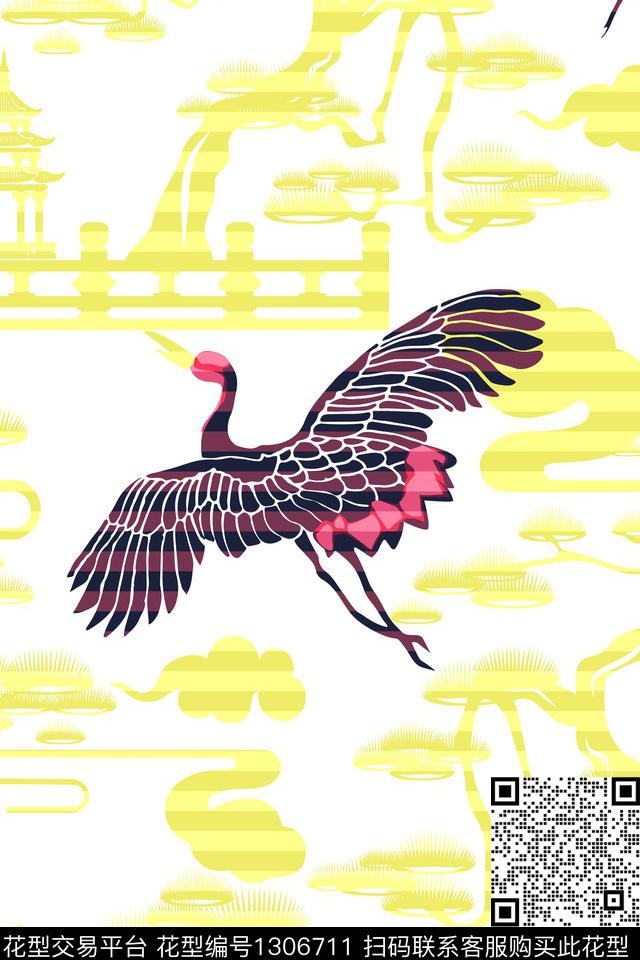 祥云仙鹤松传统印花华亿平台下载（图片编号: 1306711） - 瓦栏（Walan）