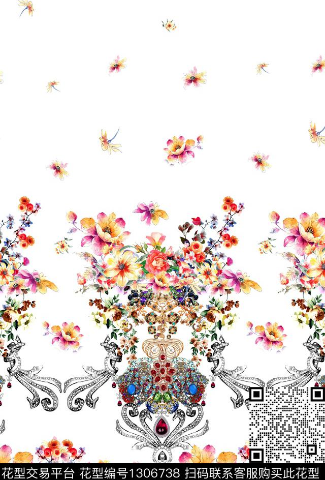 花卉白底花珠宝宝石数码印花华亿平台下载（图片编号: 1306738） - 瓦栏（Walan）