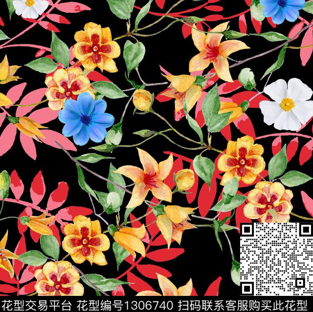 水彩满版散花黑底花卉数码印花华亿平台下载（图片编号: 1306740） - 瓦栏（Walan）