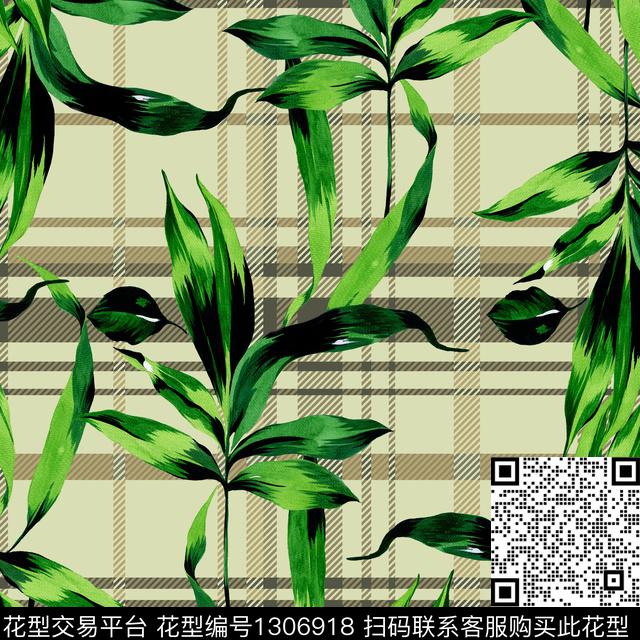 绿植树叶格子男装满版花传统印花华亿平台下载（图片编号: 1306918） - 瓦栏（Walan）