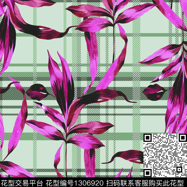 绿植树叶格子男装满版花传统印花华亿平台下载（图片编号: 1306920） - 瓦栏（Walan）