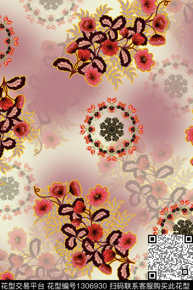 民族风花卉旗袍数码印花华亿平台下载（图片编号: 1306930） - 瓦栏（Walan）