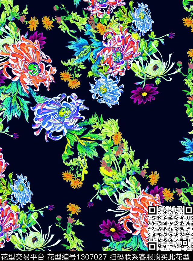 彩底花卉连衣裙黄花数码印花华亿平台下载（图片编号: 1307027） - 瓦栏（Walan）