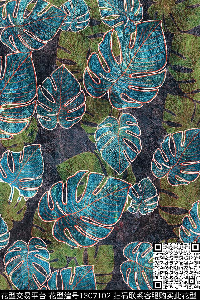 几何绿植树叶抽象植物数码印花华亿平台下载（图片编号: 1307102） - 瓦栏（Walan）