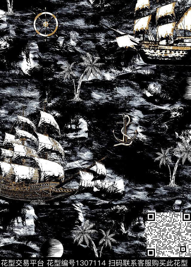 椰子树潮牌船锚传统印花华亿平台下载（图片编号: 1307114） - 瓦栏（Walan）