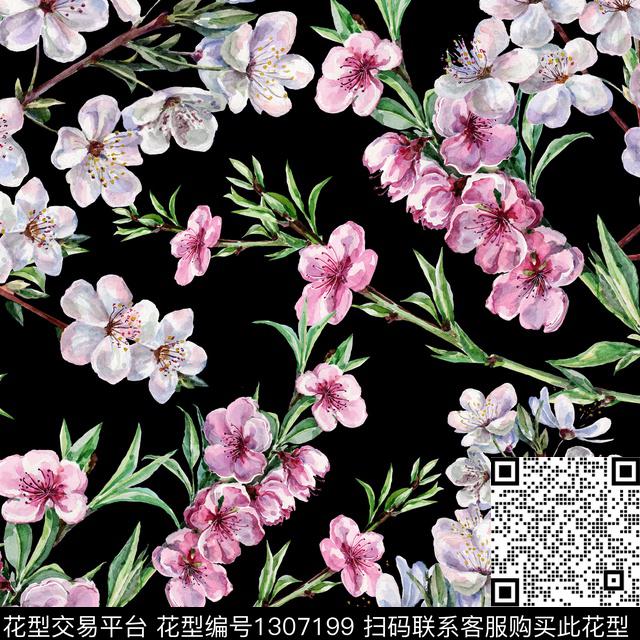 水彩花卉黑底花卉数码印花华亿平台下载（图片编号: 1307199） - 瓦栏（Walan）
