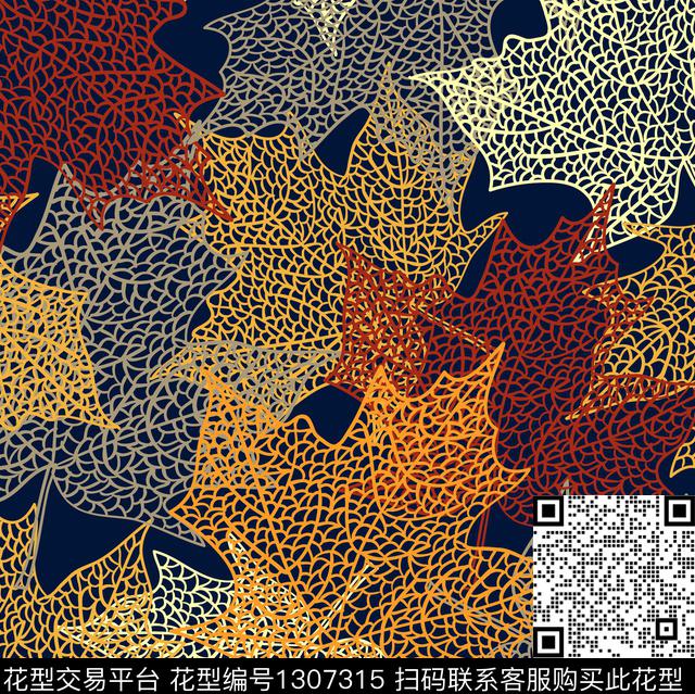 手绘绿植树叶叶脉传统印花华亿平台下载（图片编号: 1307315） - 瓦栏（Walan）