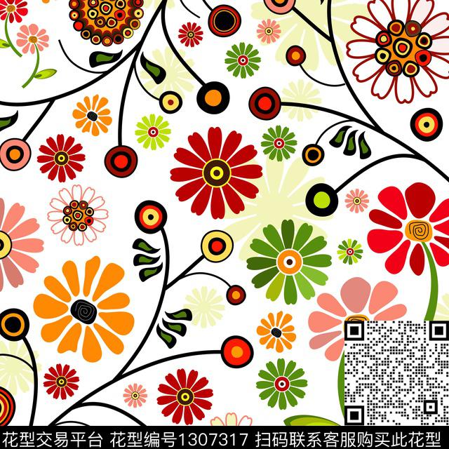 白底花花卉抽象传统印花华亿平台下载（图片编号: 1307317） - 瓦栏（Walan）