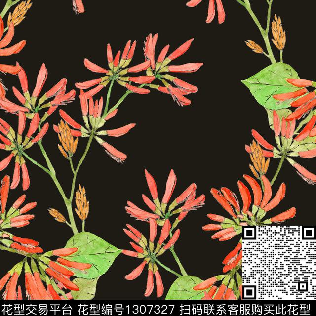 黑底花卉纸印花女装数码印花华亿平台下载（图片编号: 1307327） - 瓦栏（Walan）