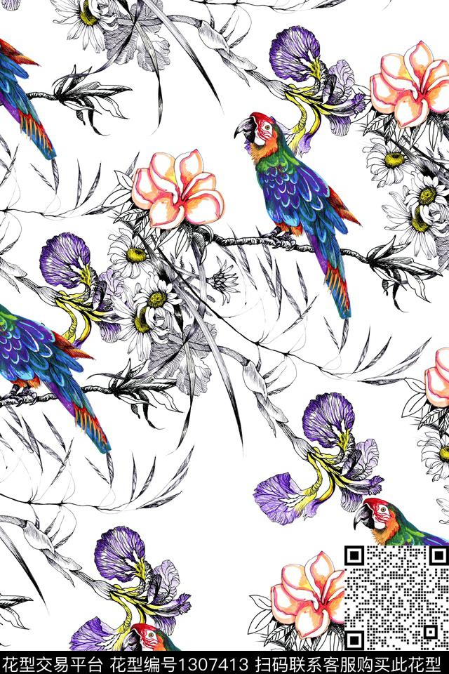 鸢尾花鸟花卉数码印花华亿平台下载（图片编号: 1307413） - 瓦栏（Walan）