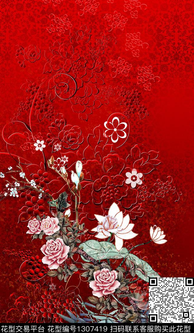 荷花花卉中国风定位花数码印花华亿平台下载（图片编号: 1307419） - 瓦栏（Walan）