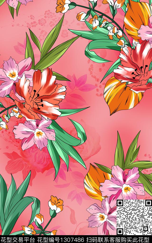 花卉大牌风卡通数码印花华亿平台下载（图片编号: 1307486） - 瓦栏（Walan）