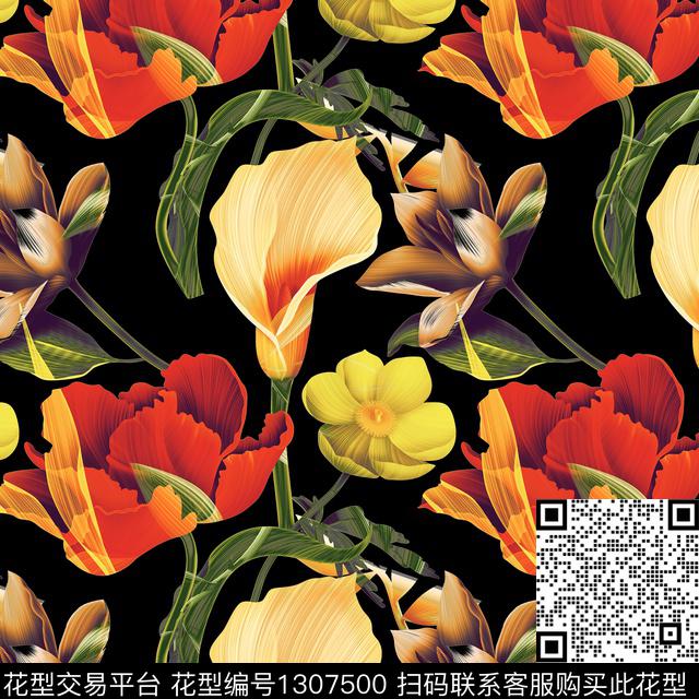 花卉马蹄莲黑底花卉数码印花华亿平台下载（图片编号: 1307500） - 瓦栏（Walan）