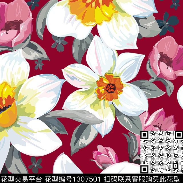 水彩花卉酒红底数码印花华亿平台下载（图片编号: 1307501） - 瓦栏（Walan）