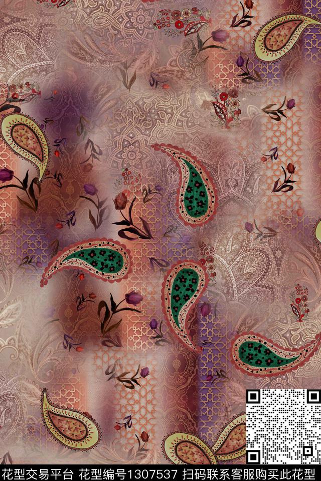 民族风手绘佩斯利数码印花华亿平台下载（图片编号: 1307537） - 瓦栏（Walan）