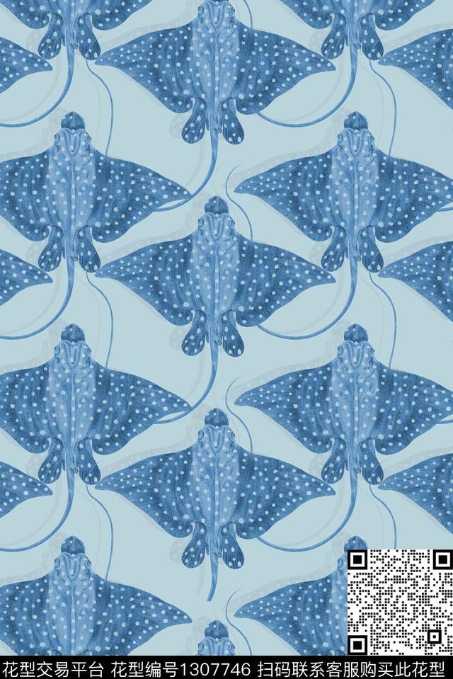 原创手绘素雅简约水生动物数码印花华亿平台下载（图片编号: 1307746） - 瓦栏（Walan）