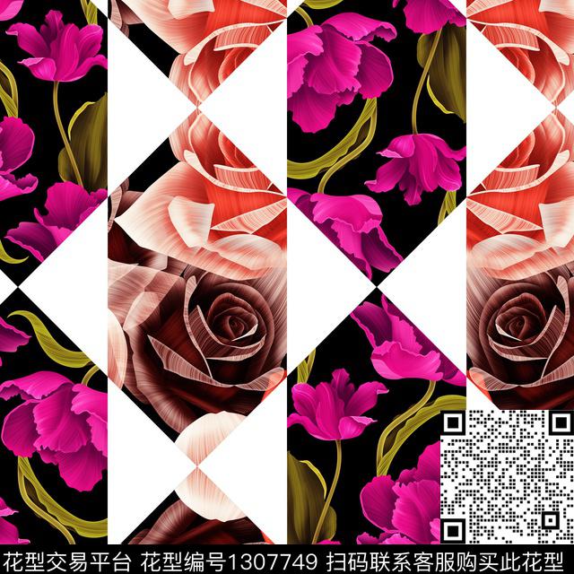 三角形花卉玫瑰花数码印花华亿平台下载（图片编号: 1307749） - 瓦栏（Walan）