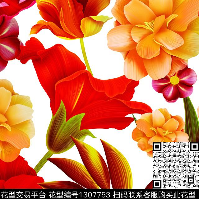 花卉抽象白底花数码印花华亿平台下载（图片编号: 1307753） - 瓦栏（Walan）