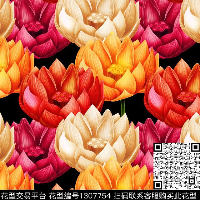 荷花花卉黑底花卉数码印花华亿平台下载（图片编号: 1307754） - 瓦栏（Walan）