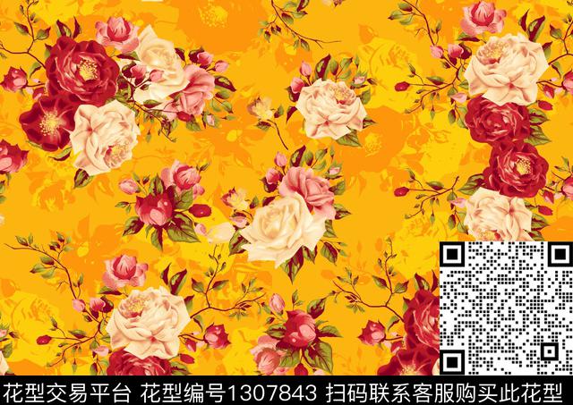 数码华亿平台彩底花卉手绘花卉数码印花华亿平台下载（图片编号: 1307843） - 瓦栏（Walan）