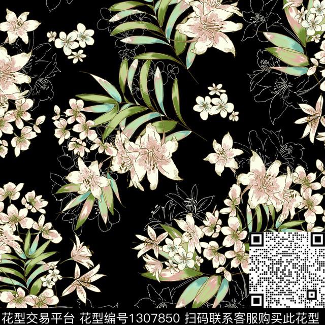 花卉满版散花大牌风数码印花华亿平台下载（图片编号: 1307850） - 瓦栏（Walan）