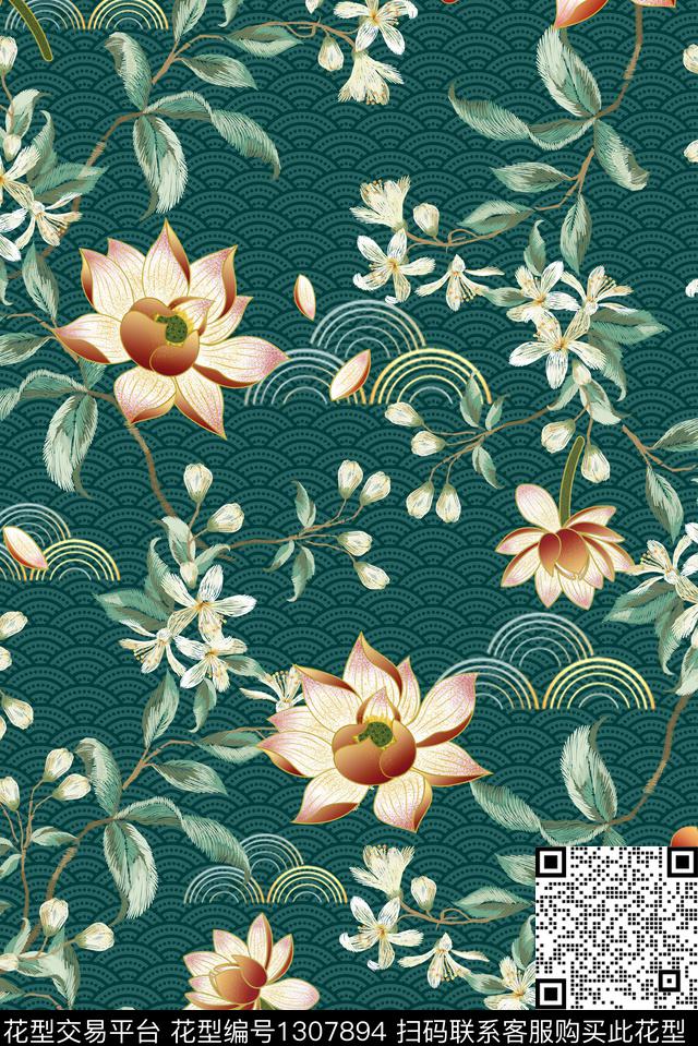 荷花绣花华亿平台花卉数码印花华亿平台下载（图片编号: 1307894） - 瓦栏（Walan）