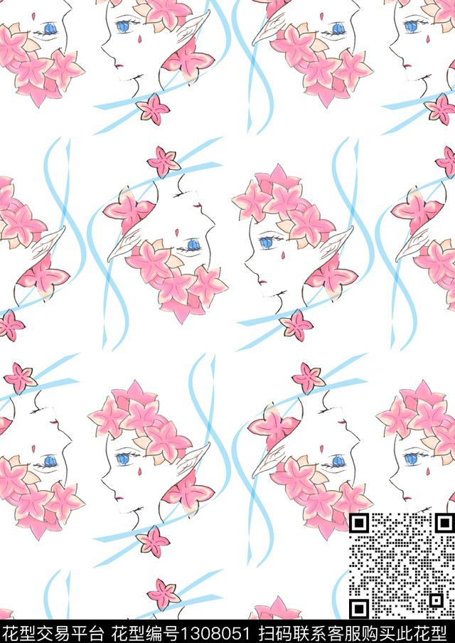 少女桃花对称花数码印花华亿平台下载（图片编号: 1308051） - 瓦栏（Walan）