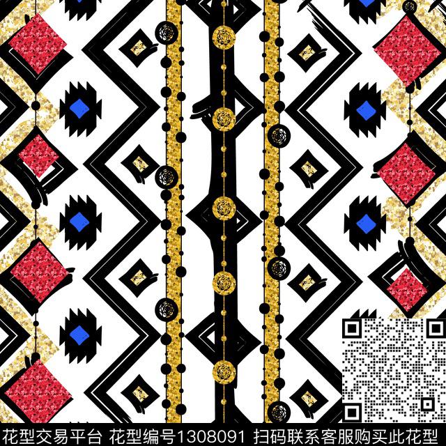 几何手绘白底花数码印花华亿平台下载（图片编号: 1308091） - 瓦栏（Walan）