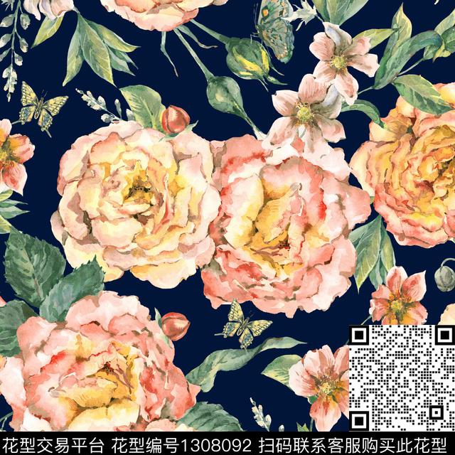 水彩花卉老蓝底数码印花华亿平台下载（图片编号: 1308092） - 瓦栏（Walan）