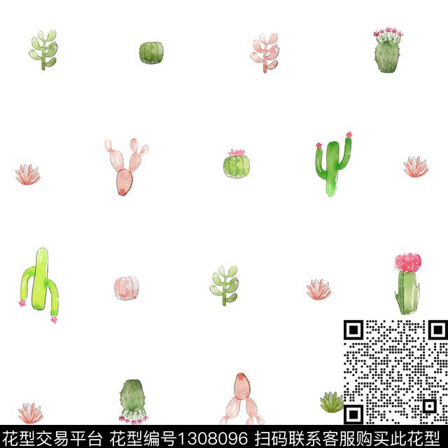 水彩仙人掌白底花数码印花华亿平台下载（图片编号: 1308096） - 瓦栏（Walan）