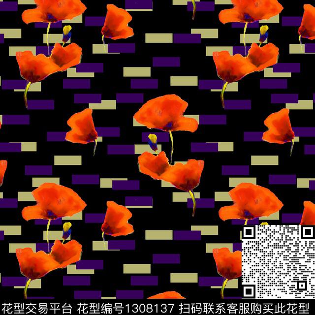 黑底花卉纸印花格子传统印花华亿平台下载（图片编号: 1308137） - 瓦栏（Walan）