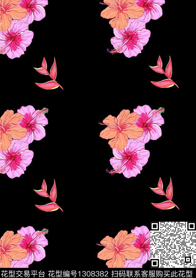 撞色花卉黑底花卉传统印花华亿平台下载（图片编号: 1308382） - 瓦栏（Walan）