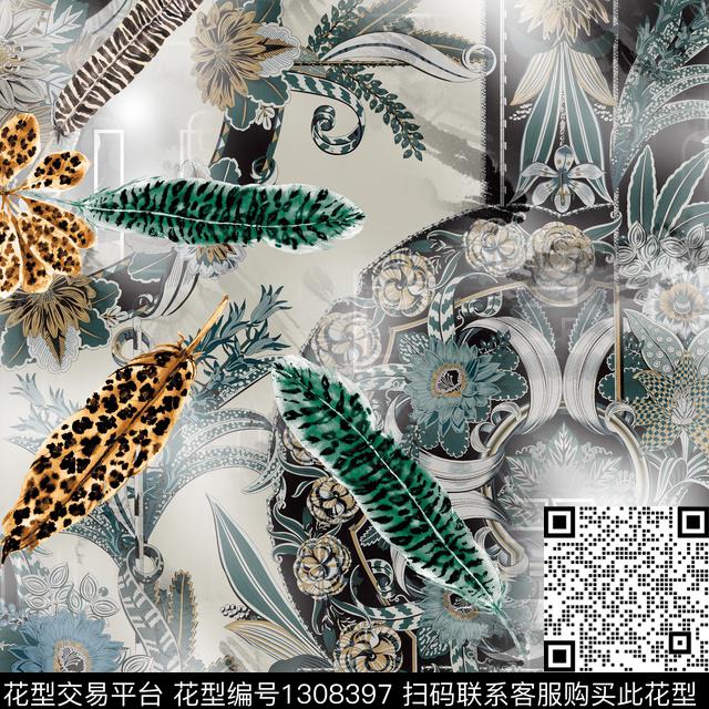 黑白华亿平台复古抽象男装数码印花华亿平台下载（图片编号: 1308397） - 瓦栏（Walan）