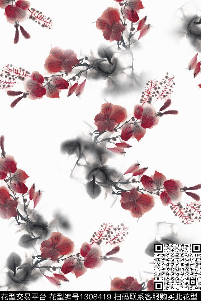 抽象花卉旗袍国画数码印花华亿平台下载（图片编号: 1308419） - 瓦栏（Walan）