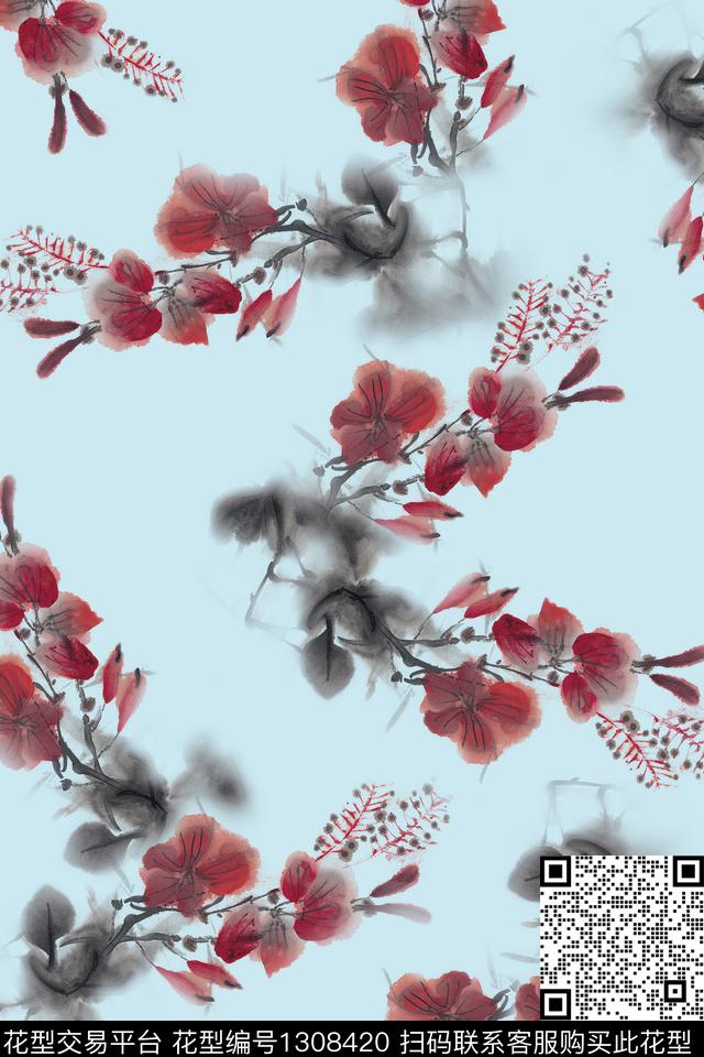 抽象花卉旗袍国画数码印花华亿平台下载（图片编号: 1308420） - 瓦栏（Walan）
