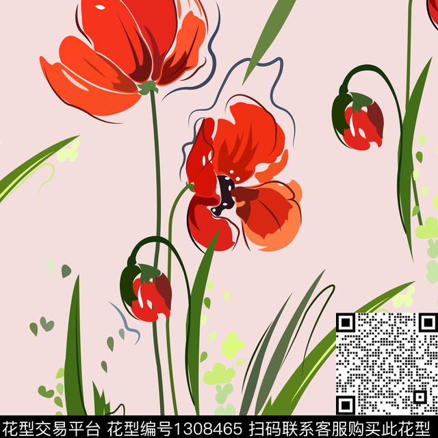 花卉手绘粉底数码印花华亿平台下载（图片编号: 1308465） - 瓦栏（Walan）