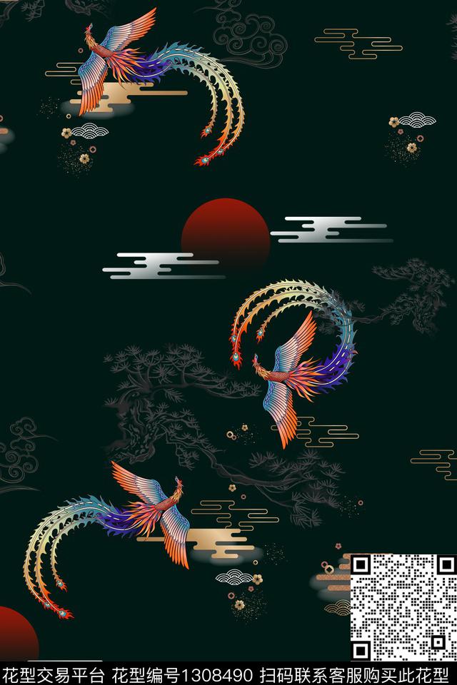 祥云凤凰真丝数码印花华亿平台下载（图片编号: 1308490） - 瓦栏（Walan）
