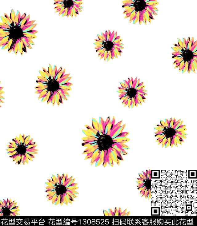 黄花白底花向日葵传统印花华亿平台下载（图片编号: 1308525） - 瓦栏（Walan）