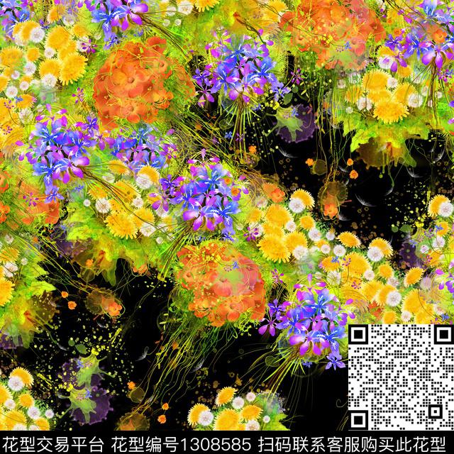 黑底花卉纸印花女装数码印花华亿平台下载（图片编号: 1308585） - 瓦栏（Walan）